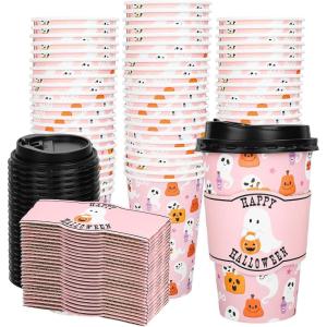 Whaline 50Pcs Fall Thanksgiving Pumpkin Disposable Coffee Cups with Lids and Sleeves Pink-Orange Pumpkin Paper Drinking Cups for Autumn Restaurant Travel Business Supplies(Halloween Pink Ghost pumpkin)