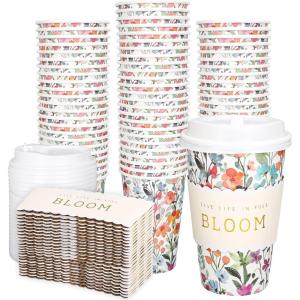 Whaline 50Pcs Fall Thanksgiving Pumpkin Disposable Coffee Cups with Lids and Sleeves Pink-Orange Pumpkin Paper Drinking Cups for Autumn Restaurant Travel Business Supplies(Watercolor Wildflower)