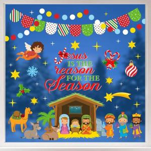 Whaline 9 Sheets Happy Fall Thanksgiving Window Clings Autumn Cute Cartoon Window Stickers Static Reusable Glass Decals for Harvest Party Home Classroom Office Decor Supplies(Jesus Nativity)