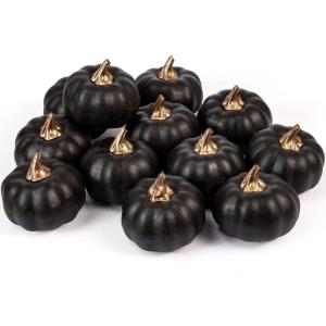 Whaline Artificial Pumpkins Bulk Vintage Green Fake Foam Lifelike Pumpkin for Fall Thanksgiving Halloween Home Party House Kitchen Wedding Decor(12pcs)(Black)