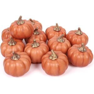 Whaline Artificial Pumpkins Bulk Vintage Green Fake Foam Lifelike Pumpkin for Fall Thanksgiving Halloween Home Party House Kitchen Wedding Decor(12pcs)(Caramel)