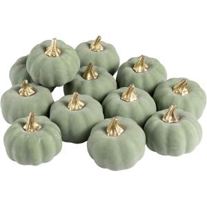Whaline Artificial Pumpkins Bulk Vintage Green Fake Foam Lifelike Pumpkin for Fall Thanksgiving Halloween Home Party House Kitchen Wedding Decor(12pcs)(Green)