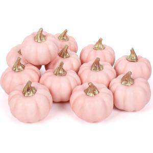 Whaline Artificial Pumpkins Bulk Vintage Green Fake Foam Lifelike Pumpkin for Fall Thanksgiving Halloween Home Party House Kitchen Wedding Decor(12pcs)(Pink)