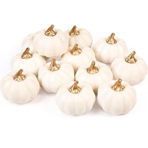 Whaline Artificial Pumpkins Bulk Vintage Green Fake Foam Lifelike Pumpkin for Fall Thanksgiving Halloween Home Party House Kitchen Wedding Decor(12pcs)(White)