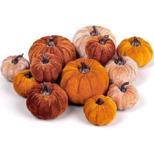 Whaline Fall Artificial Pumpkins Velvet Faux Fake Pumpkin Decor Autumn Harvest Farmhouse Table Centerpiece 3 Sizes Orange Brown Khaki Small Foam Pumpkins for Halloween Thanksgiving Party, 12Pcs(Orange  Brown  Khaki)