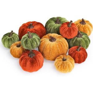 Whaline Fall Artificial Pumpkins Velvet Faux Fake Pumpkin Decor Autumn Harvest Farmhouse Table Centerpiece 3 Sizes Orange Brown Khaki Small Foam Pumpkins for Halloween Thanksgiving Party, 12Pcs(Orange Green Yellow)