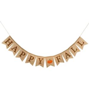 Whaline Happy Fall Pumpkin Burlap Banner Harvest Home Decor Bunting Flag Garland for Mantel Fireplace Thanksgiving Day Party Decoration(Brown)