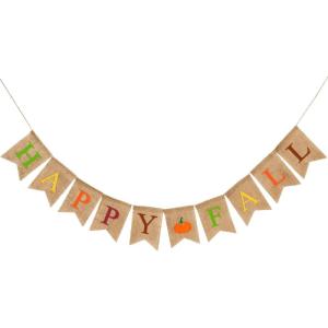 Whaline Happy Fall Pumpkin Burlap Banner Harvest Home Decor Bunting Flag Garland for Mantel Fireplace Thanksgiving Day Party Decoration(Colorful)