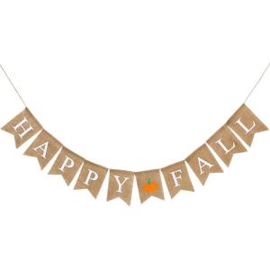 Whaline Happy Fall Pumpkin Burlap Banner Harvest Home Decor Bunting Flag Garland for Mantel Fireplace Thanksgiving Day Party Decoration(White)