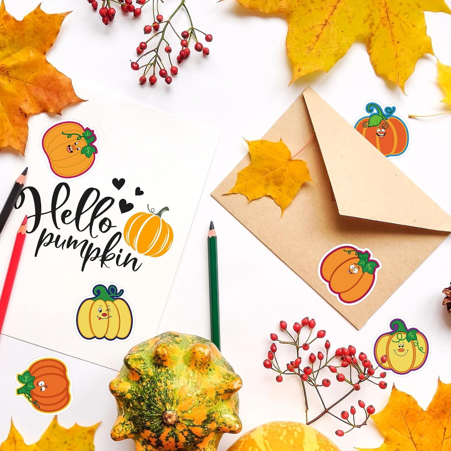 imageWhaline 1000Pcs Fall Pumpkins Stickers for Kids Thanksgiving Fall Cute Pumpkins Sticker with Funny Expressions Cartoon Pumpkin Shape Adhesive Stickers for Autumn Thanksgiving Party Supplies 8 DesignFall Pumpkins