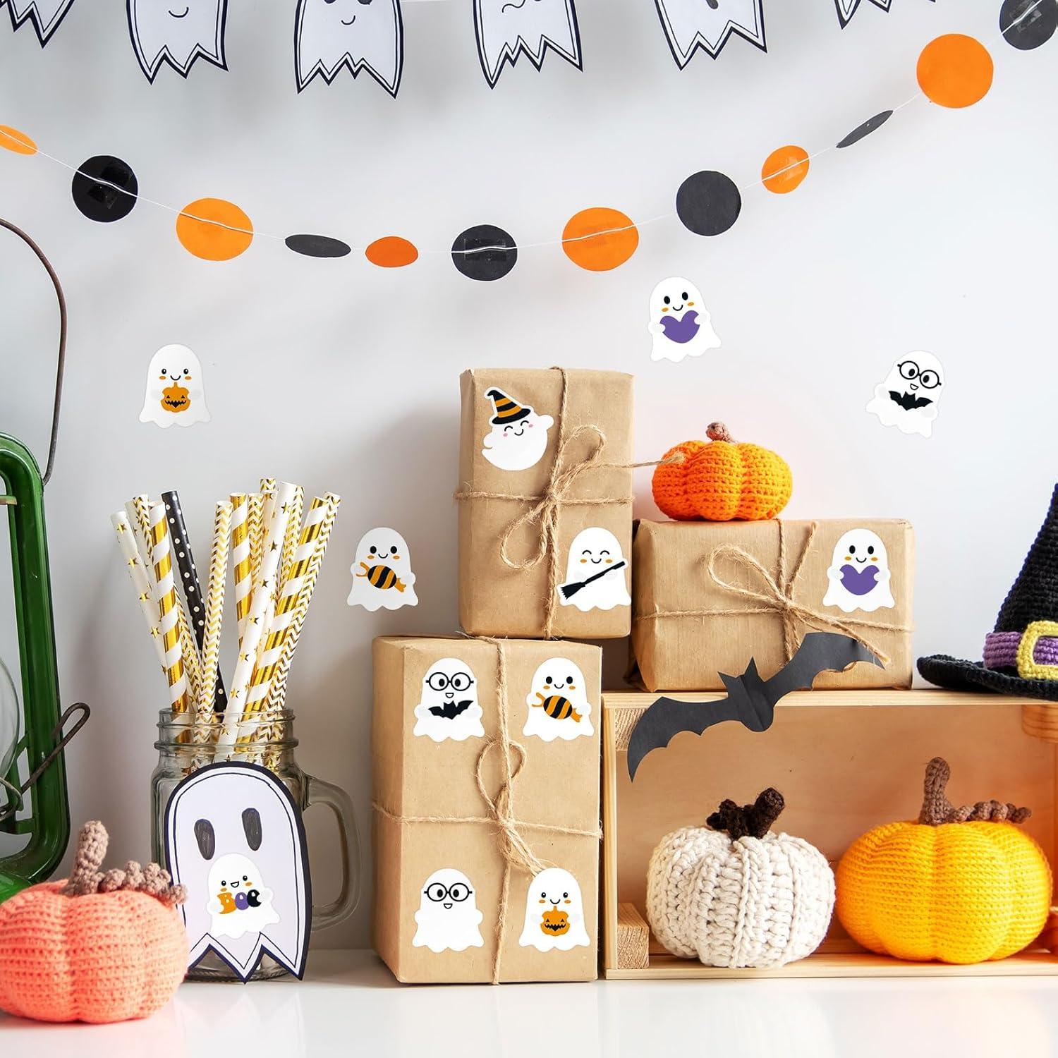 imageWhaline 1000Pcs Halloween Ghost Stickers Roll SelfAdhesive Cute Ghost Stickers Roll for Kid Halloween Party Envelope Scrapbook Card Gifts Candy Bags Decorations Supplies 8 Design