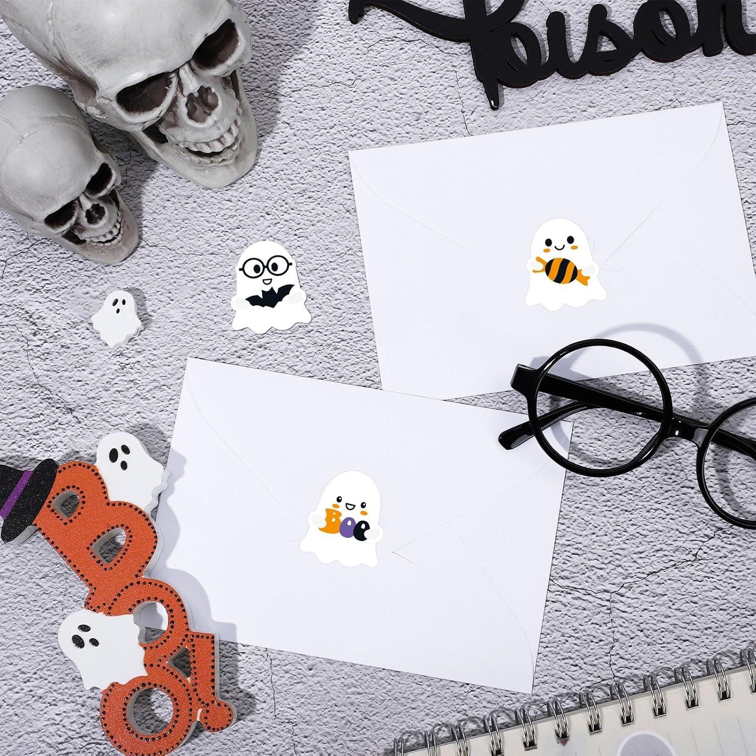 imageWhaline 1000Pcs Halloween Ghost Stickers Roll SelfAdhesive Cute Ghost Stickers Roll for Kid Halloween Party Envelope Scrapbook Card Gifts Candy Bags Decorations Supplies 8 Design