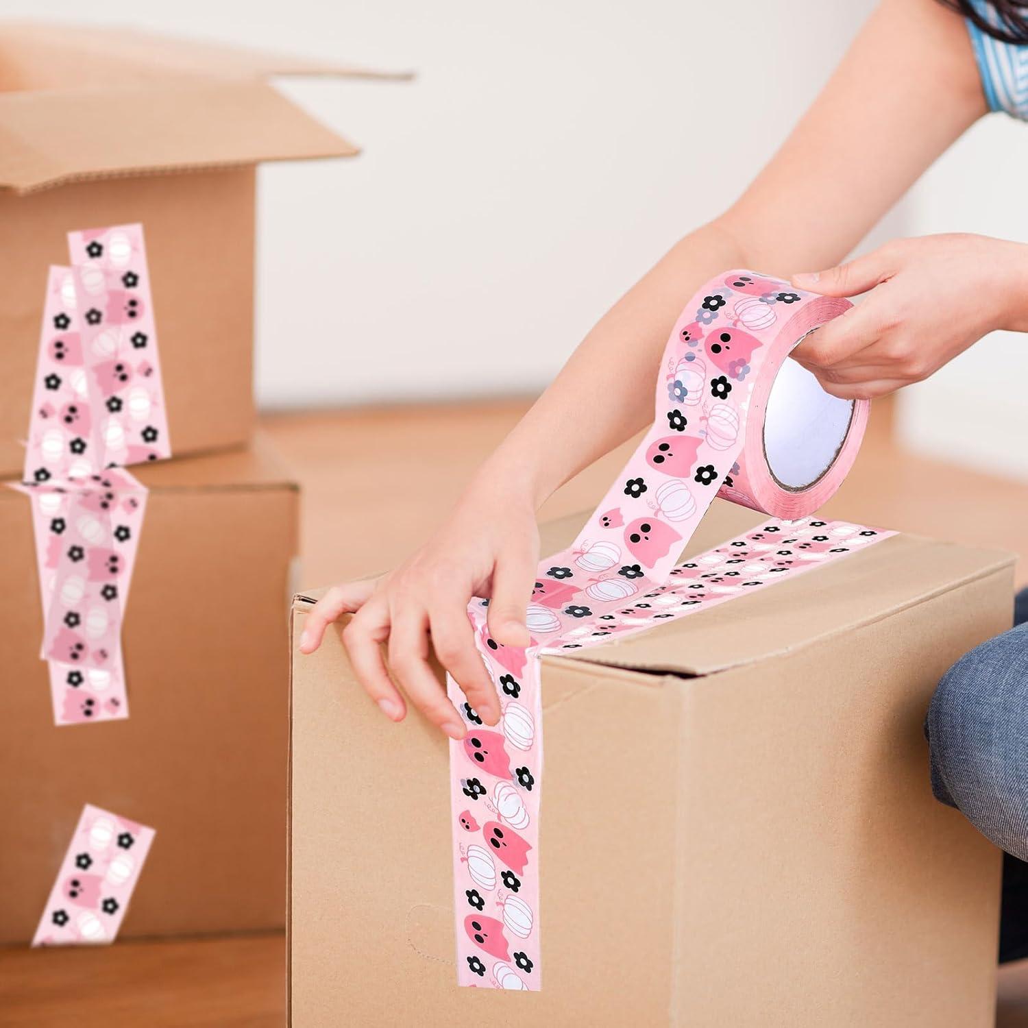 imageWhaline 109 Yard Halloween Packaging Tape Black Spider Web Bat Spider Pattern Tape Waterproof Shipping Tape for Small Business DIY Crafts Box Carton DecorPink Halloween Ghost