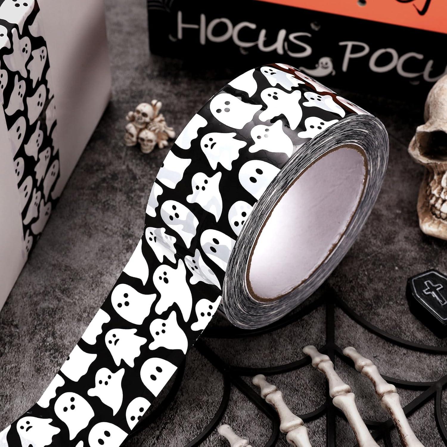 imageWhaline 109 Yard Halloween Packaging Tape Black Spider Web Bat Spider Pattern Tape Waterproof Shipping Tape for Small Business DIY Crafts Box Carton DecorBlack White Ghost