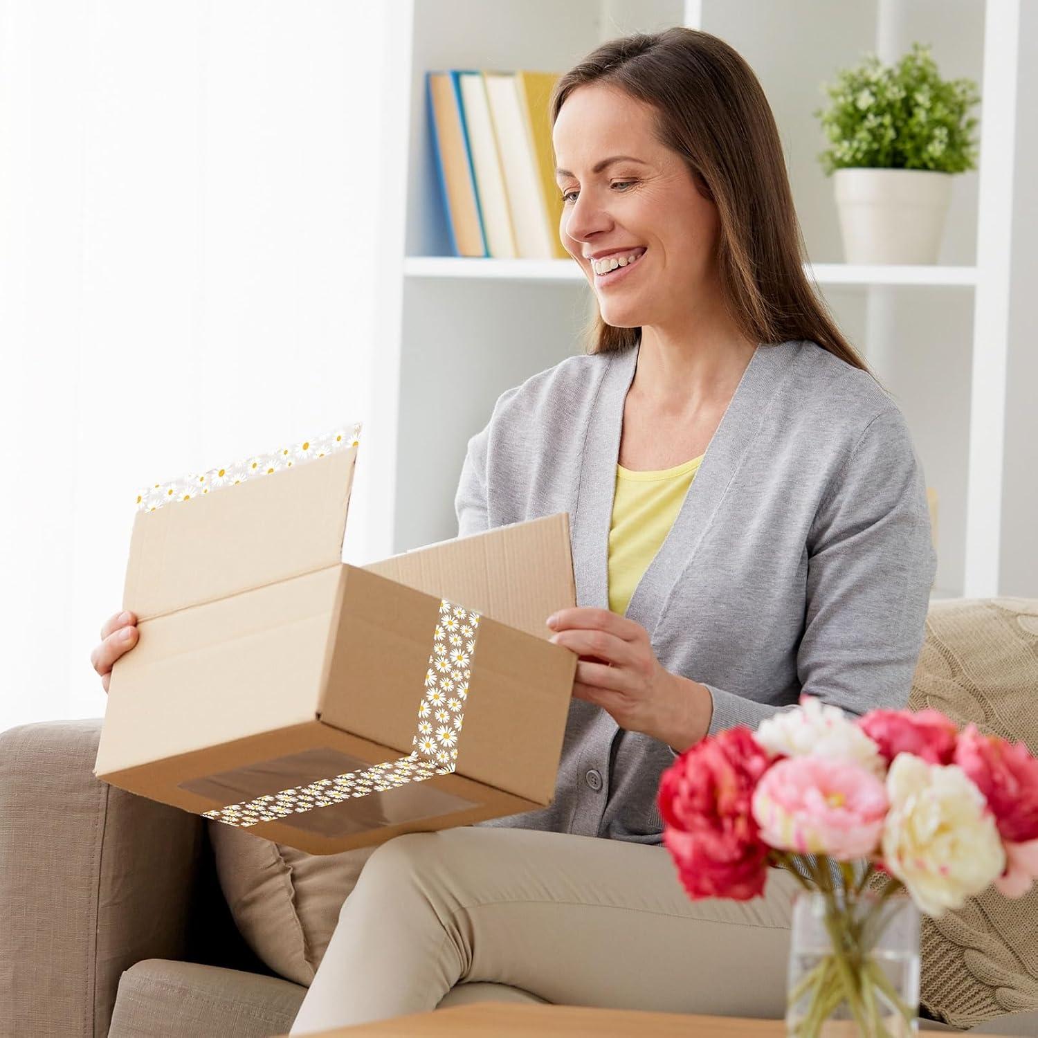 imageWhaline 109 Yard Halloween Packaging Tape Black Spider Web Bat Spider Pattern Tape Waterproof Shipping Tape for Small Business DIY Crafts Box Carton DecorWhite Daisy