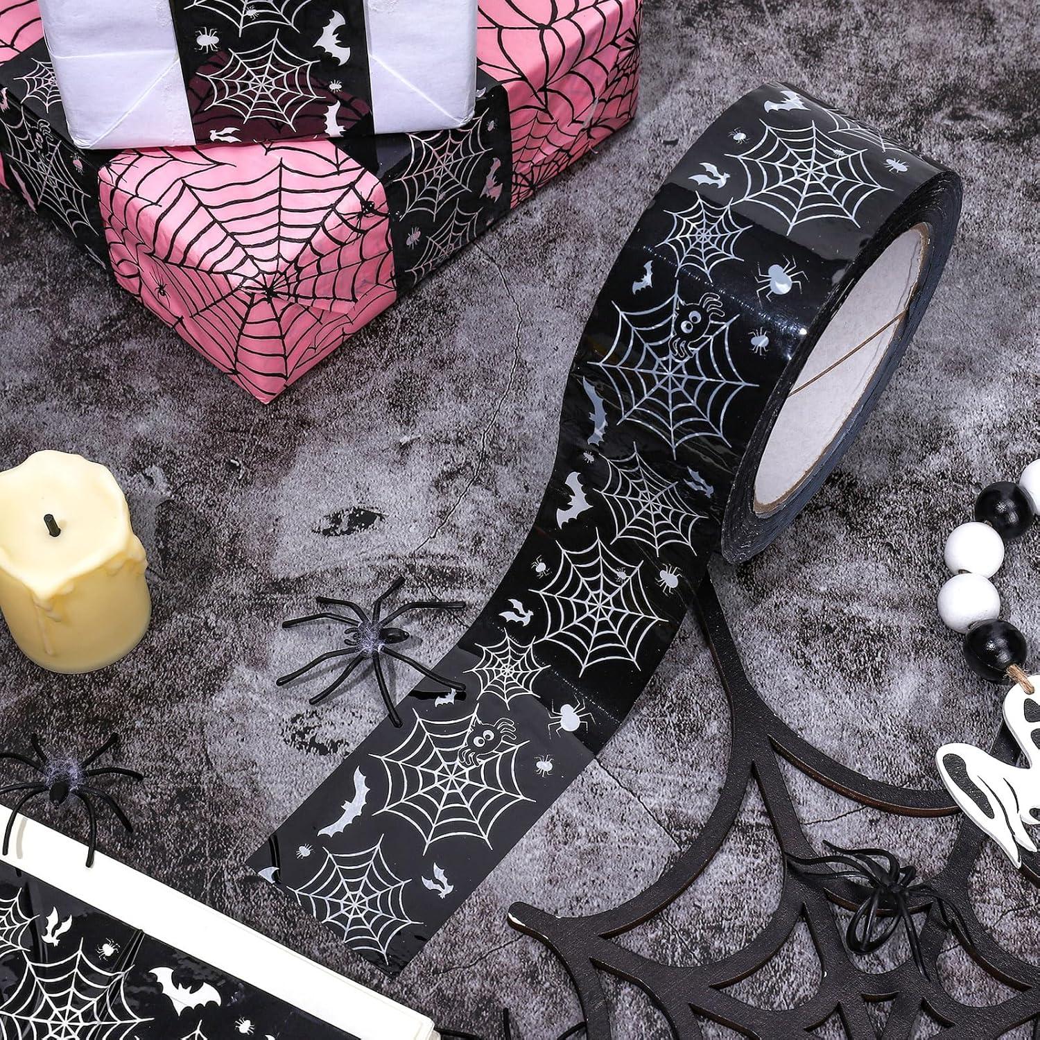 imageWhaline 109 Yard Halloween Packaging Tape Black Spider Web Bat Spider Pattern Tape Waterproof Shipping Tape for Small Business DIY Crafts Box Carton DecorBlack Spider Web