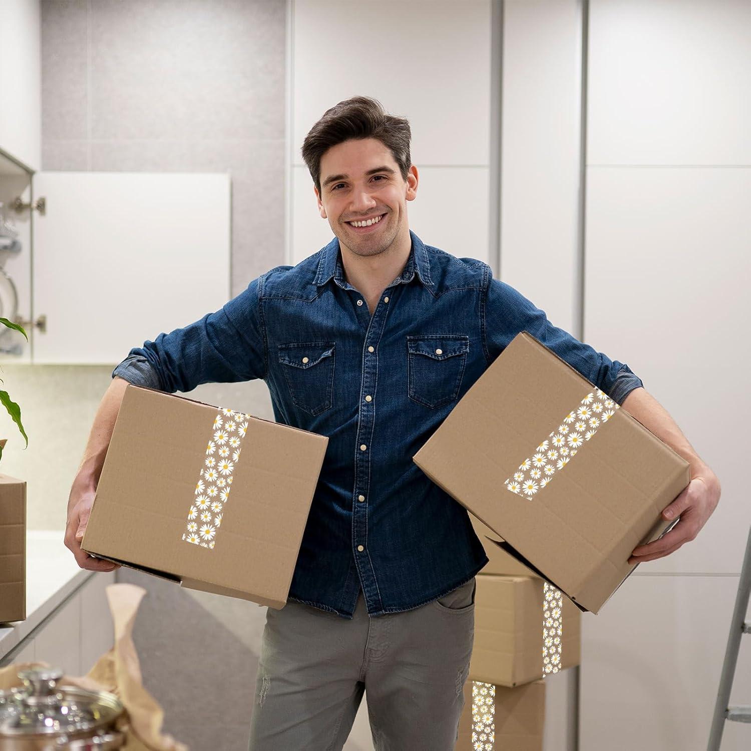 imageWhaline 109 Yard Halloween Packaging Tape Black Spider Web Bat Spider Pattern Tape Waterproof Shipping Tape for Small Business DIY Crafts Box Carton DecorWhite Daisy