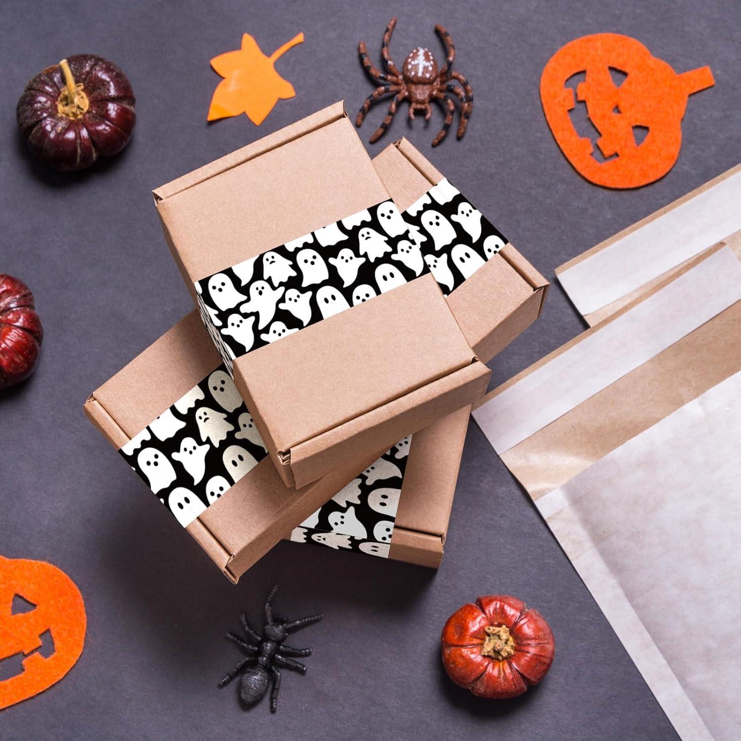 imageWhaline 109 Yard Halloween Packaging Tape Black Spider Web Bat Spider Pattern Tape Waterproof Shipping Tape for Small Business DIY Crafts Box Carton DecorBlack White Ghost