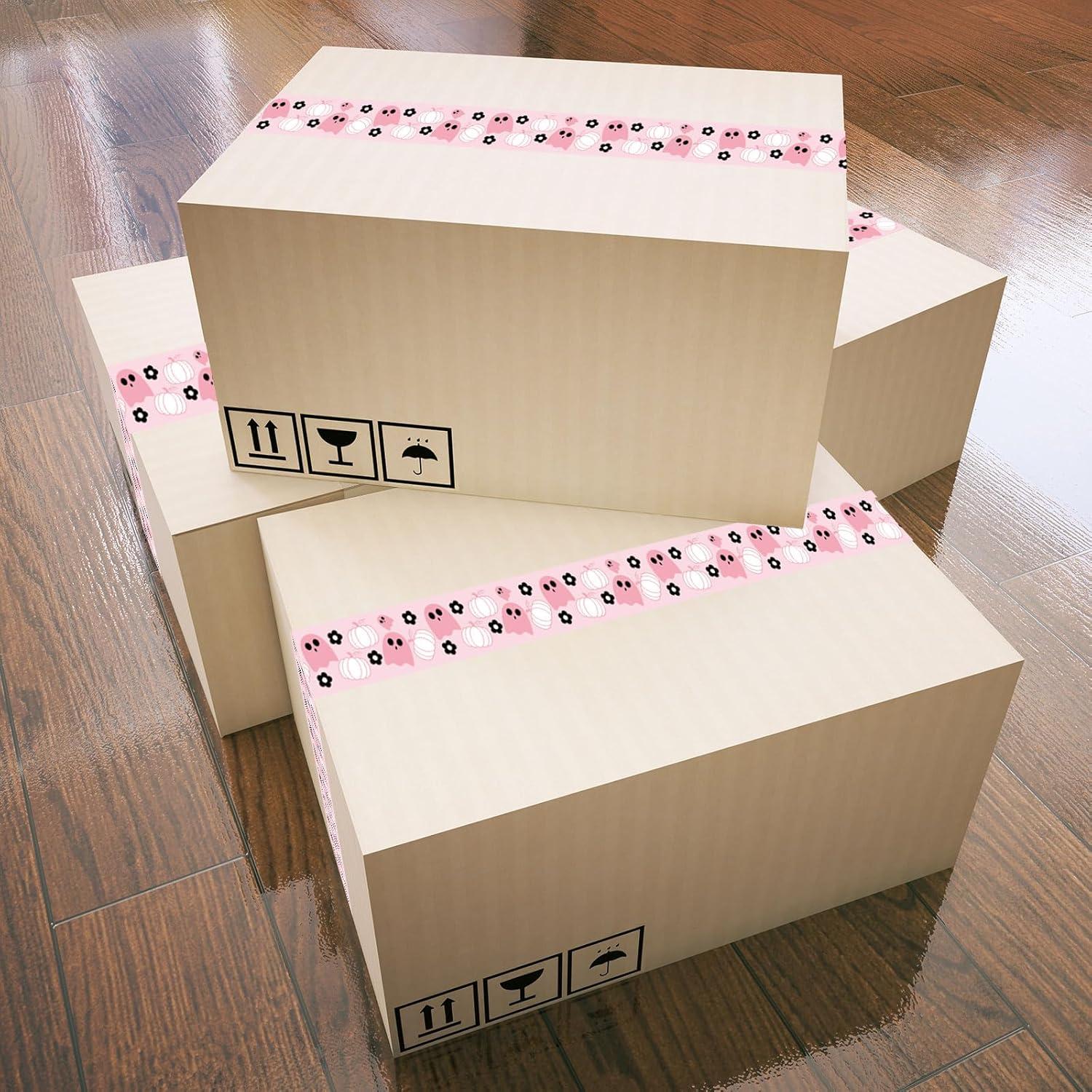 imageWhaline 109 Yard Halloween Packaging Tape Black Spider Web Bat Spider Pattern Tape Waterproof Shipping Tape for Small Business DIY Crafts Box Carton DecorPink Halloween Ghost