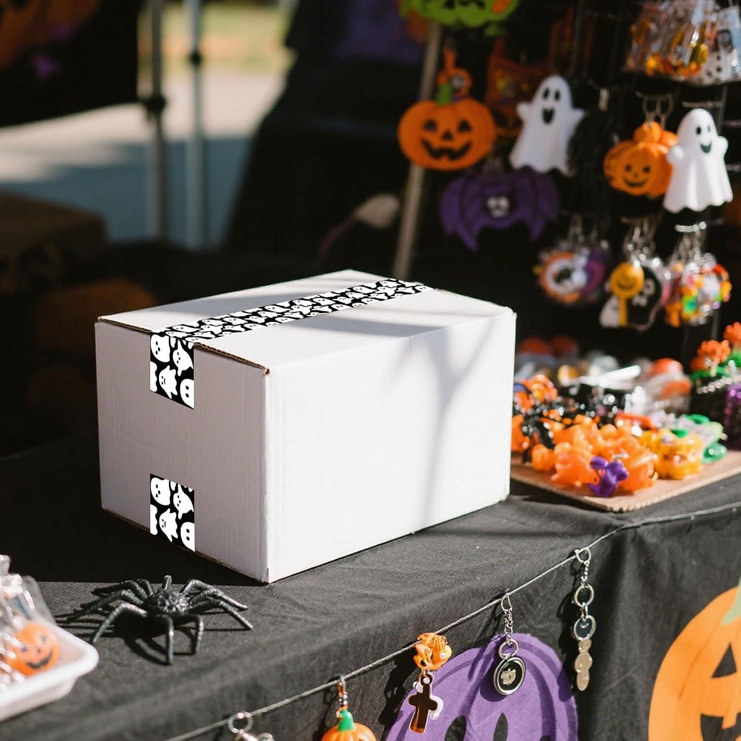 imageWhaline 109 Yard Halloween Packaging Tape Black Spider Web Bat Spider Pattern Tape Waterproof Shipping Tape for Small Business DIY Crafts Box Carton DecorBlack White Ghost