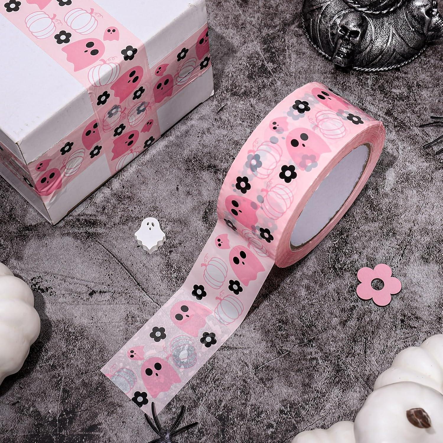 imageWhaline 109 Yard Halloween Packaging Tape Black Spider Web Bat Spider Pattern Tape Waterproof Shipping Tape for Small Business DIY Crafts Box Carton DecorPink Halloween Ghost