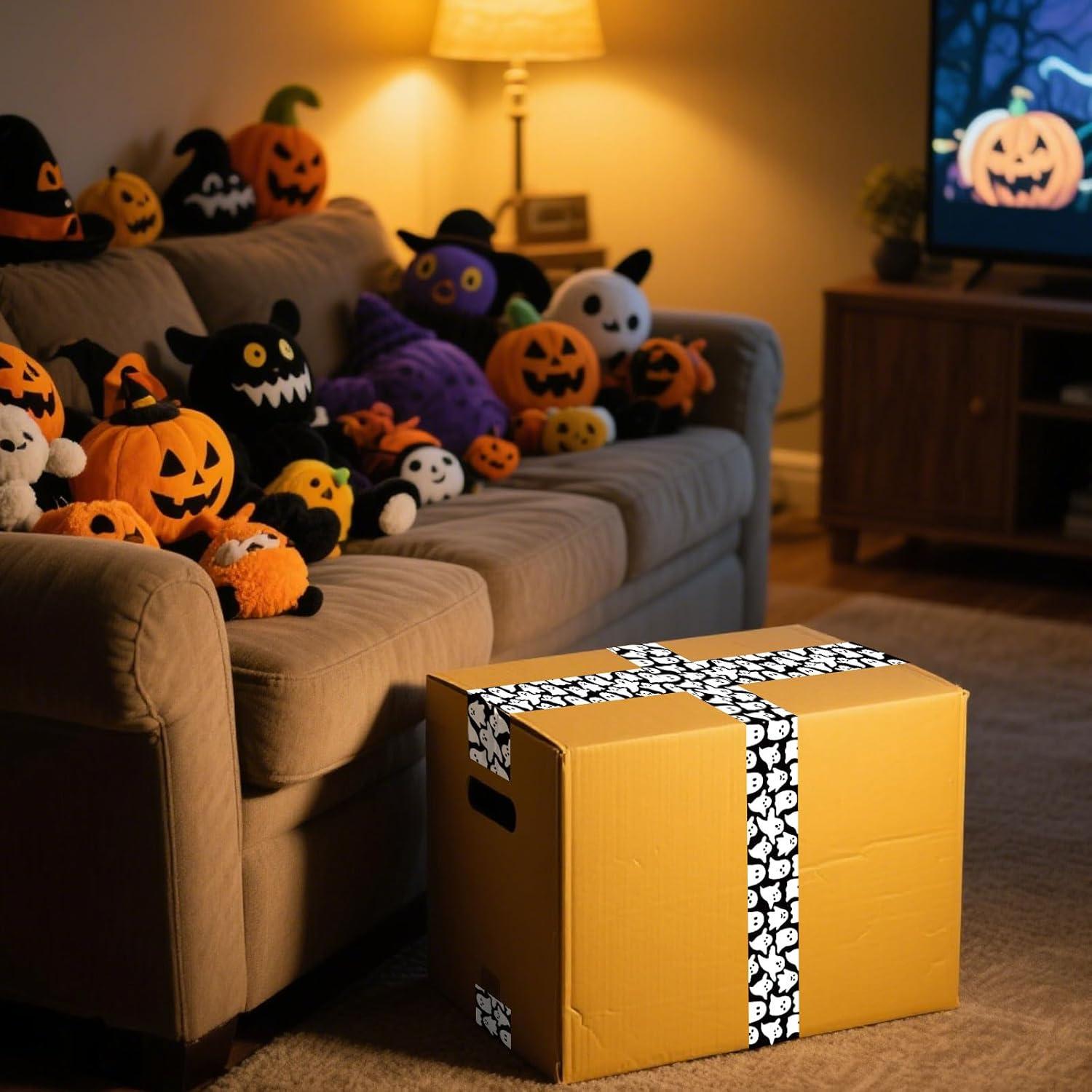 imageWhaline 109 Yard Halloween Packaging Tape Black Spider Web Bat Spider Pattern Tape Waterproof Shipping Tape for Small Business DIY Crafts Box Carton DecorBlack White Ghost