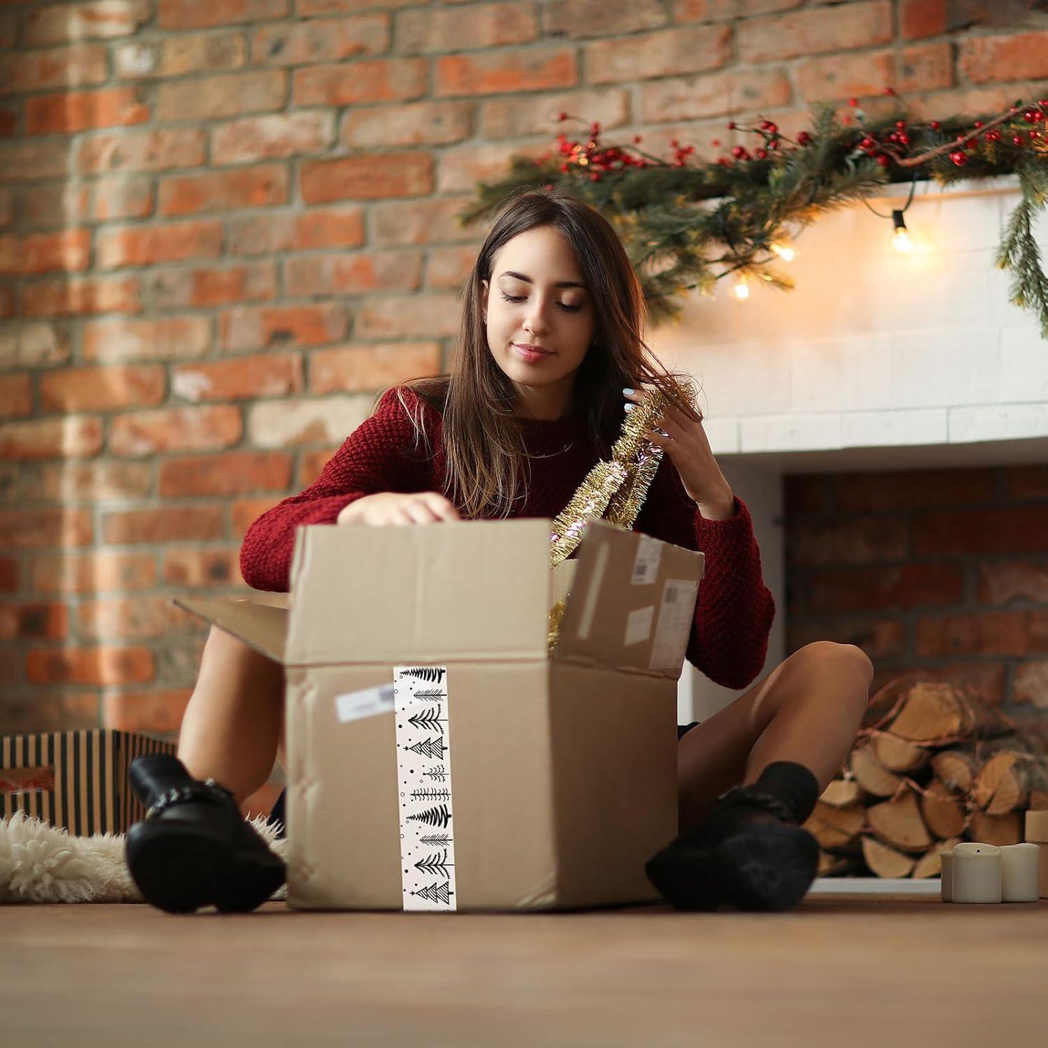 imageWhaline 109 Yard Halloween Packaging Tape Black Spider Web Bat Spider Pattern Tape Waterproof Shipping Tape for Small Business DIY Crafts Box Carton DecorChristmas Tree