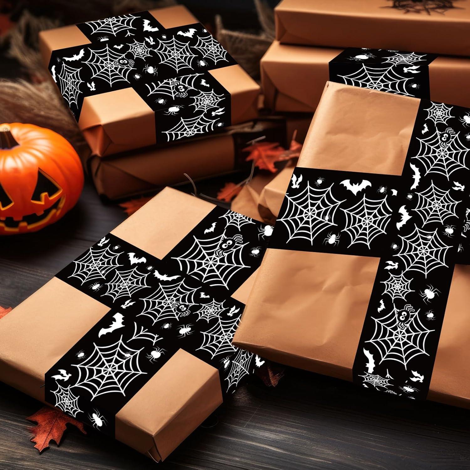 imageWhaline 109 Yard Halloween Packaging Tape Black Spider Web Bat Spider Pattern Tape Waterproof Shipping Tape for Small Business DIY Crafts Box Carton DecorBlack Spider Web