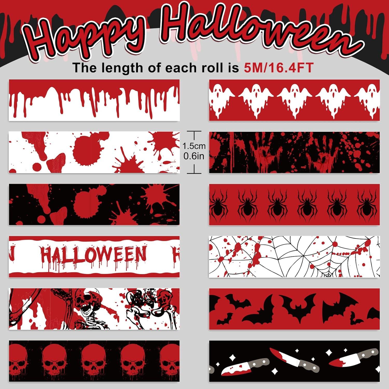 imageWhaline 12 Rolls Halloween Bloody Washi Tapes Blood Spatter Spooky Bloodstain Skull Ghost Masking Tapes 15mm Scary Bloody Washi Tape Set for Scrapbook Journal DIY Craft Gift Wrapping 164FtHalloween