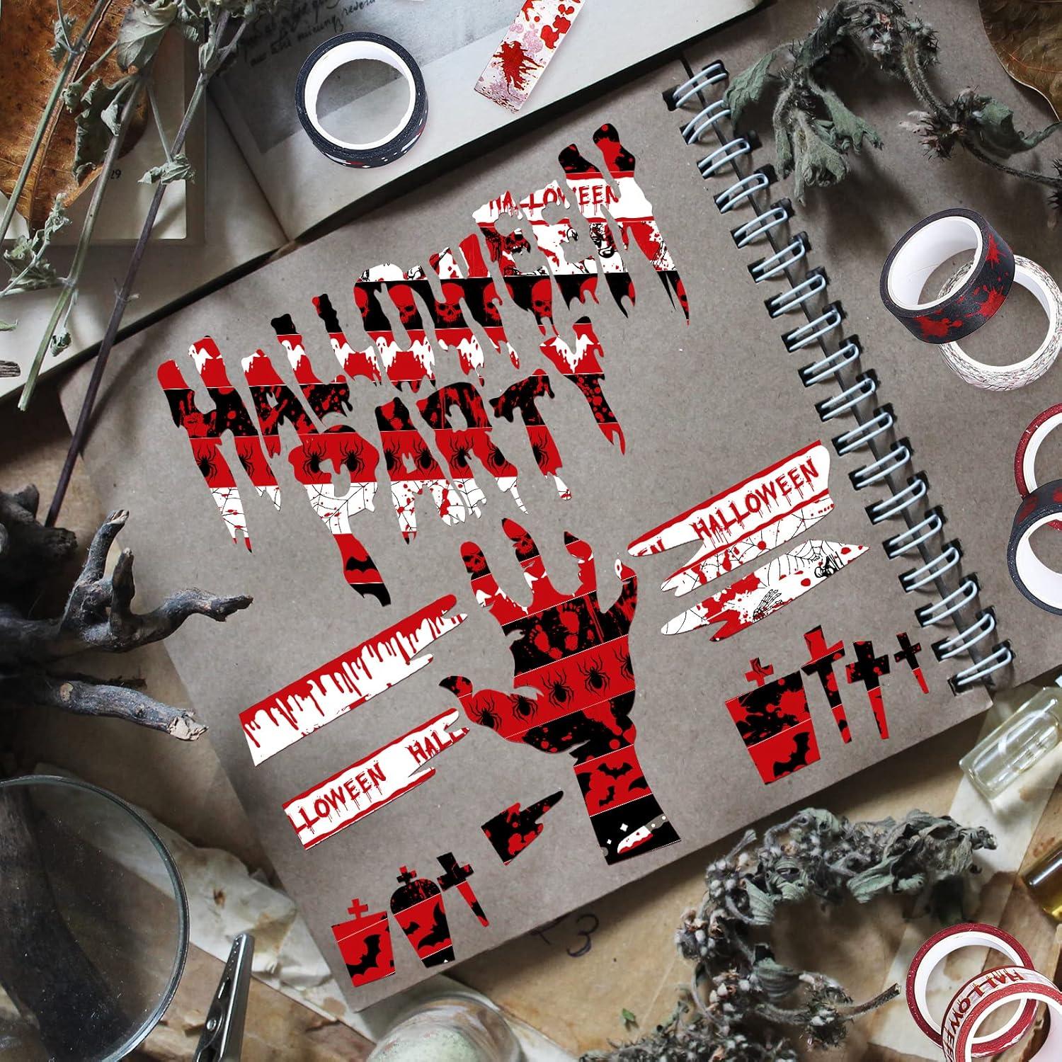 imageWhaline 12 Rolls Halloween Bloody Washi Tapes Blood Spatter Spooky Bloodstain Skull Ghost Masking Tapes 15mm Scary Bloody Washi Tape Set for Scrapbook Journal DIY Craft Gift Wrapping 164FtHalloween