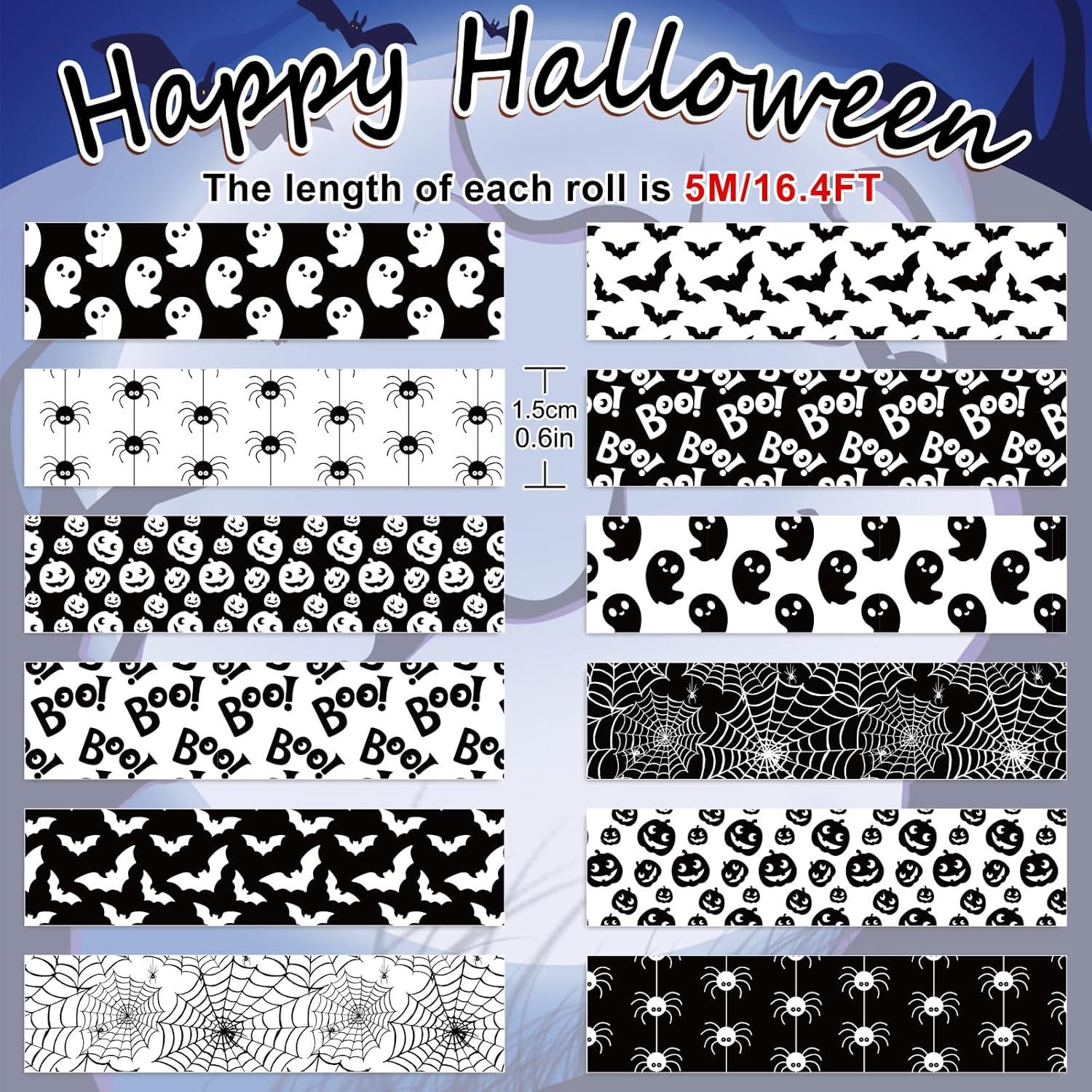 imageWhaline 12 Rolls Halloween Washi Tapes Black White Ghost Bat Spider Web Pumpkin Washi Masking Tape 15mm Wide Decorative Halloween Tape Stickers for Scrapbook Gift Wrapping DIY Art Crafts 164FtBlack