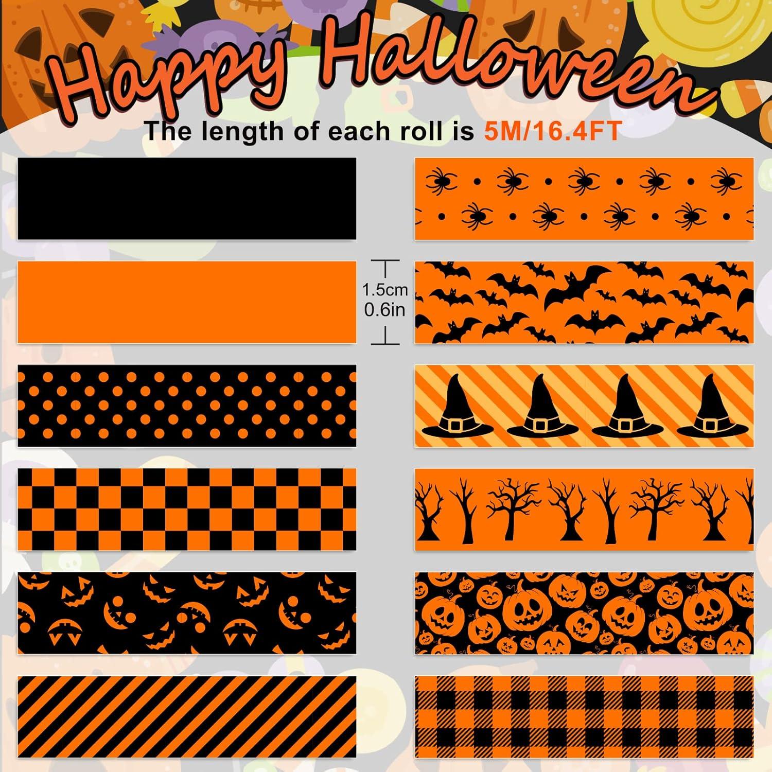 imageWhaline 12 Rolls Halloween Washi Tapes Black White Ghost Bat Spider Web Pumpkin Washi Masking Tape 15mm Wide Decorative Halloween Tape Stickers for Scrapbook Gift Wrapping DIY Art Crafts 164FtOrange