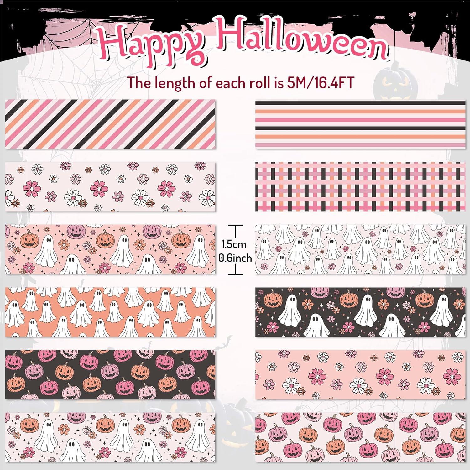 imageWhaline 12 Rolls Halloween Washi Tapes Black White Ghost Bat Spider Web Pumpkin Washi Masking Tape 15mm Wide Decorative Halloween Tape Stickers for Scrapbook Gift Wrapping DIY Art Crafts 164FtPink 1