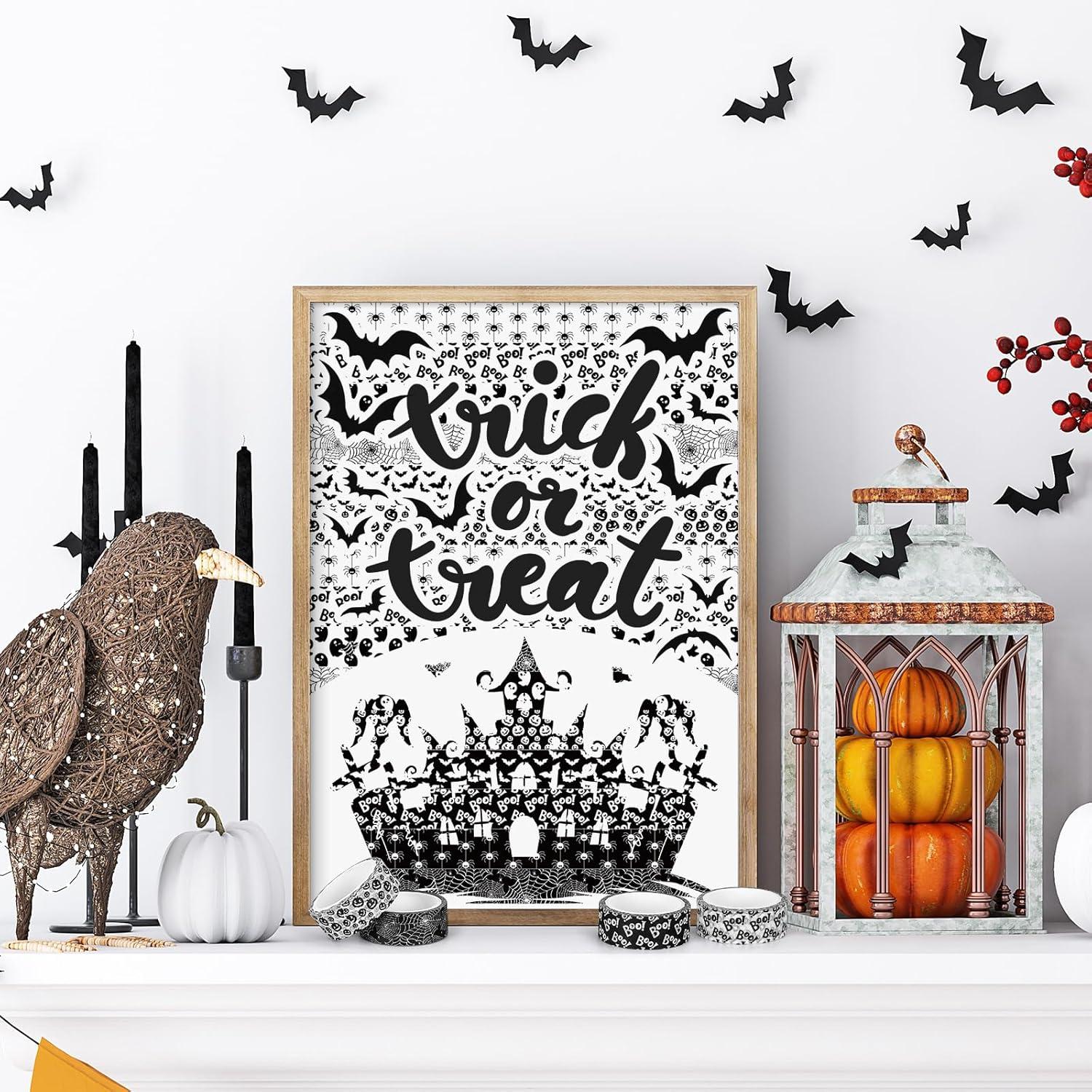 imageWhaline 12 Rolls Halloween Washi Tapes Black White Ghost Bat Spider Web Pumpkin Washi Masking Tape 15mm Wide Decorative Halloween Tape Stickers for Scrapbook Gift Wrapping DIY Art Crafts 164FtBlack