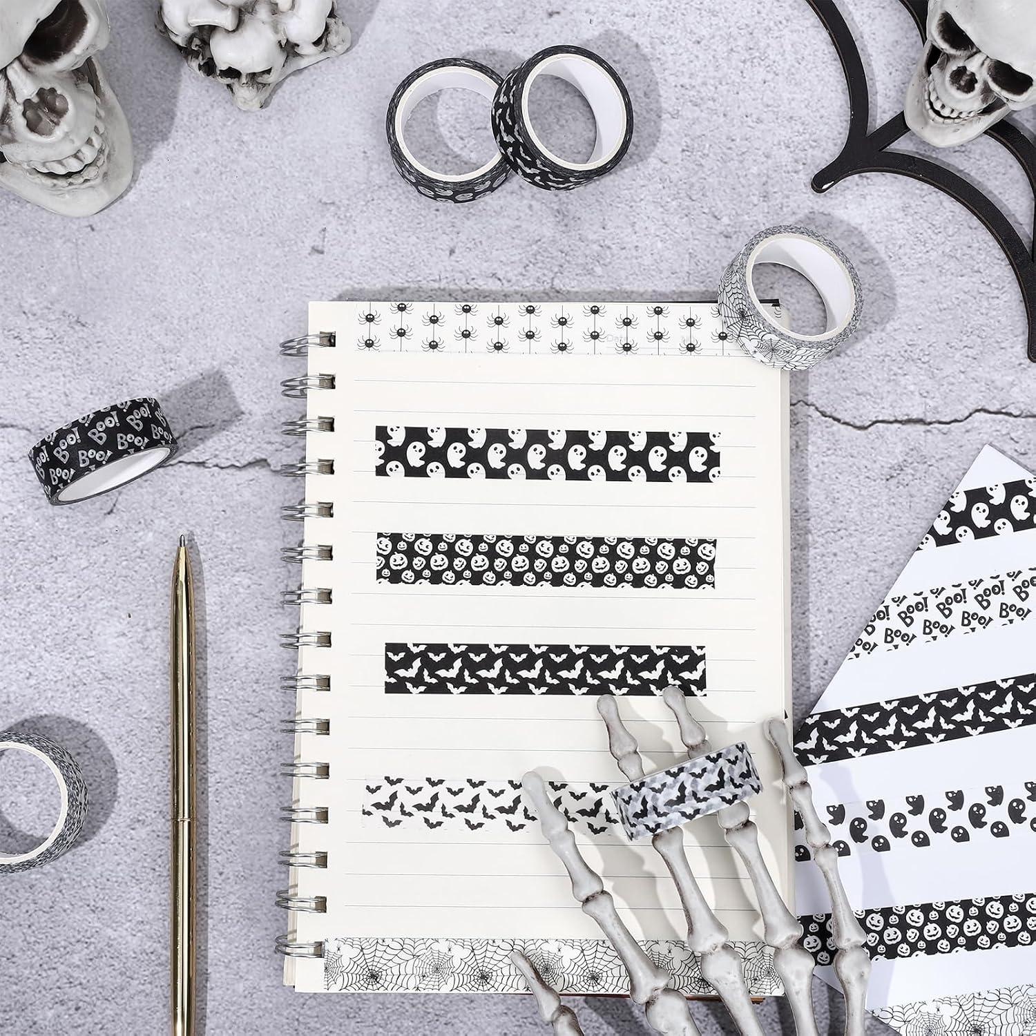 imageWhaline 12 Rolls Halloween Washi Tapes Black White Ghost Bat Spider Web Pumpkin Washi Masking Tape 15mm Wide Decorative Halloween Tape Stickers for Scrapbook Gift Wrapping DIY Art Crafts 164FtBlack