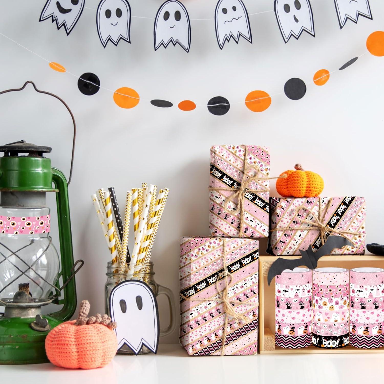 imageWhaline 12 Rolls Halloween Washi Tapes Black White Ghost Bat Spider Web Pumpkin Washi Masking Tape 15mm Wide Decorative Halloween Tape Stickers for Scrapbook Gift Wrapping DIY Art Crafts 164FtPink 2