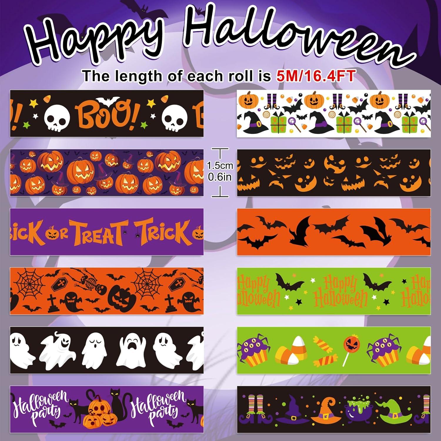 imageWhaline 12 Rolls Halloween Washi Tapes Black White Ghost Bat Spider Web Pumpkin Washi Masking Tape 15mm Wide Decorative Halloween Tape Stickers for Scrapbook Gift Wrapping DIY Art Crafts 164FtPurple