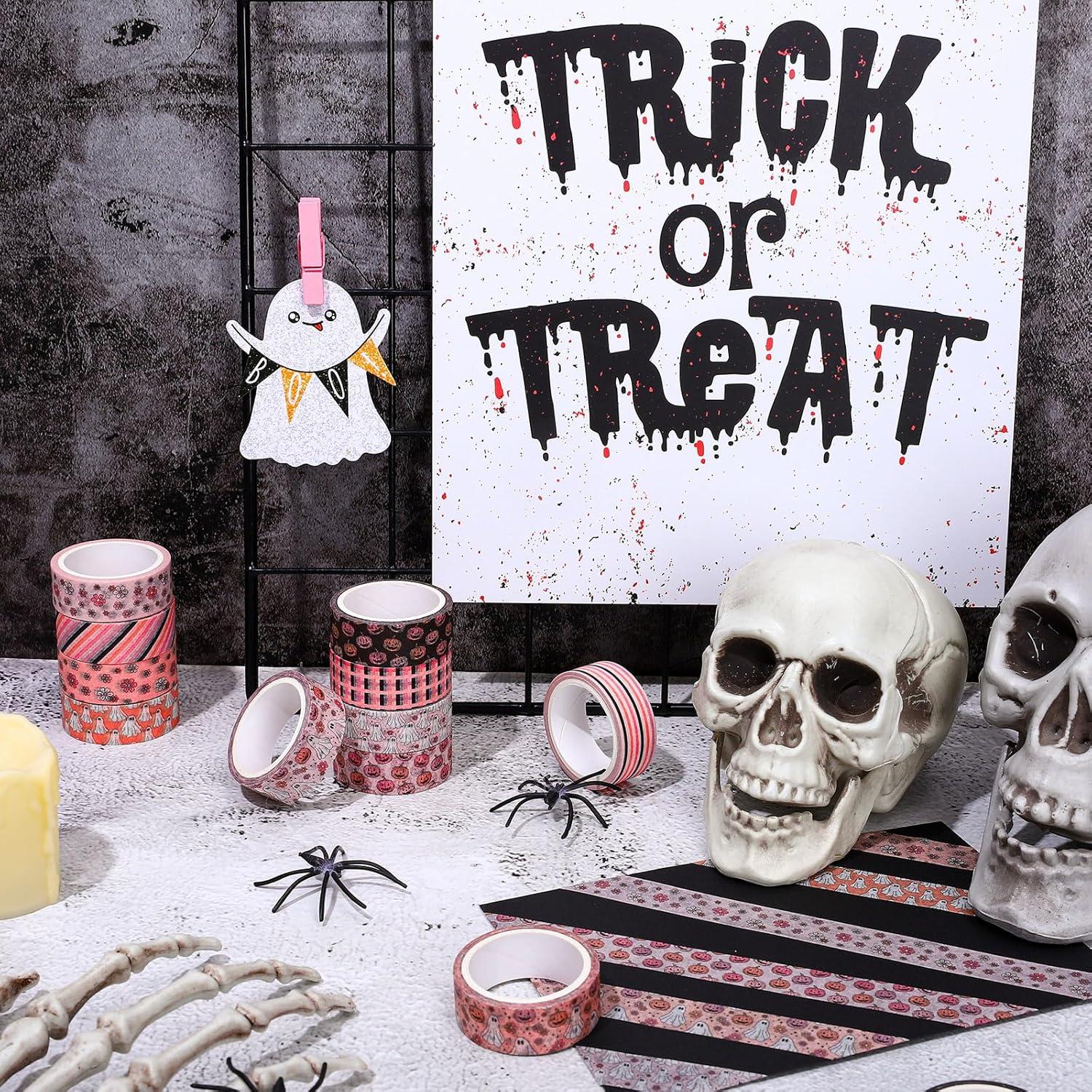 imageWhaline 12 Rolls Halloween Washi Tapes Black White Ghost Bat Spider Web Pumpkin Washi Masking Tape 15mm Wide Decorative Halloween Tape Stickers for Scrapbook Gift Wrapping DIY Art Crafts 164FtPink 1