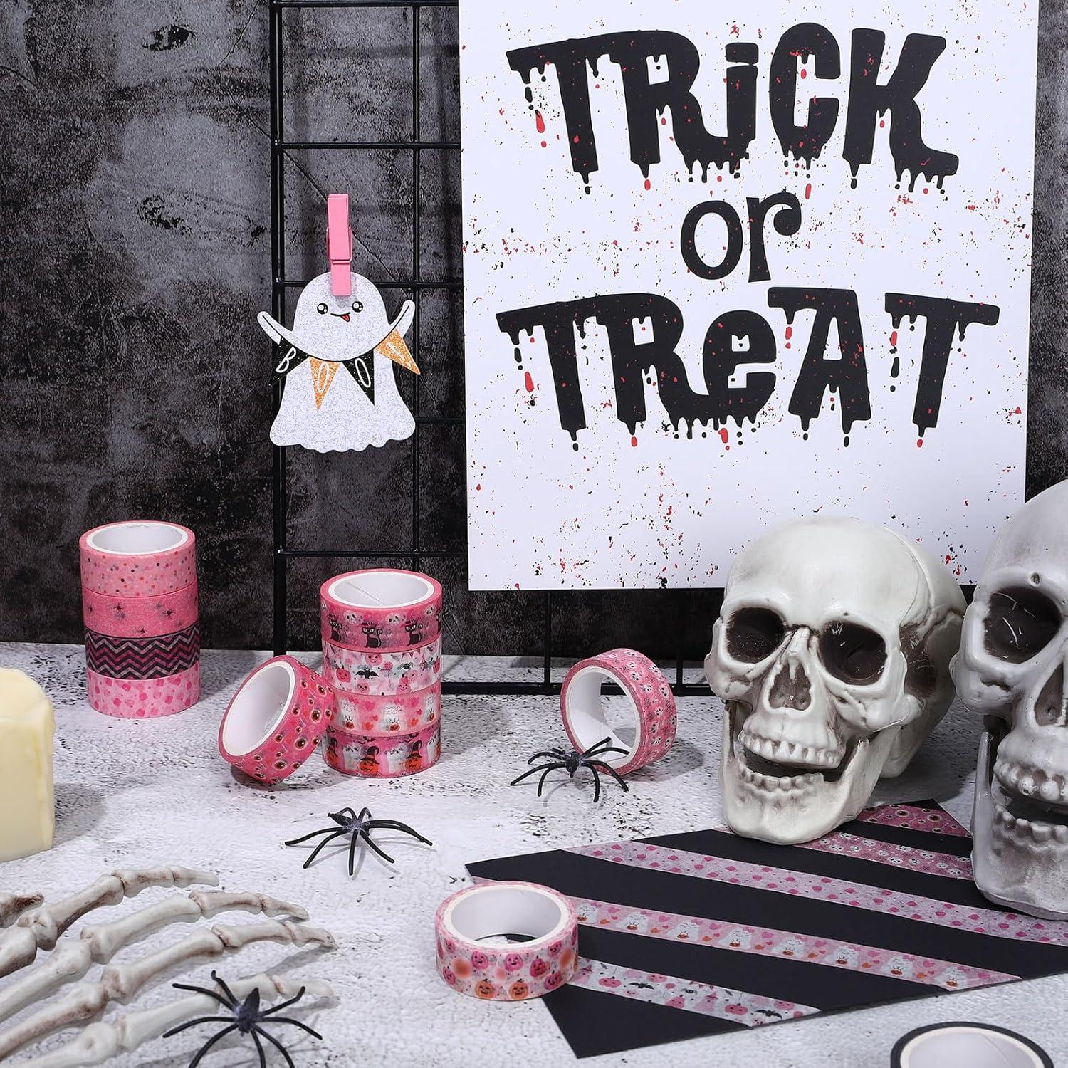 imageWhaline 12 Rolls Halloween Washi Tapes Black White Ghost Bat Spider Web Pumpkin Washi Masking Tape 15mm Wide Decorative Halloween Tape Stickers for Scrapbook Gift Wrapping DIY Art Crafts 164FtPink 2