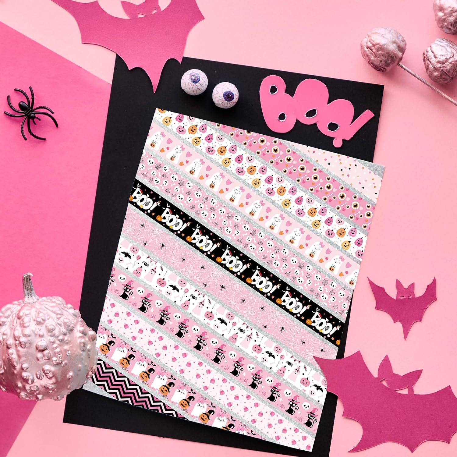 imageWhaline 12 Rolls Halloween Washi Tapes Black White Ghost Bat Spider Web Pumpkin Washi Masking Tape 15mm Wide Decorative Halloween Tape Stickers for Scrapbook Gift Wrapping DIY Art Crafts 164FtPink 2