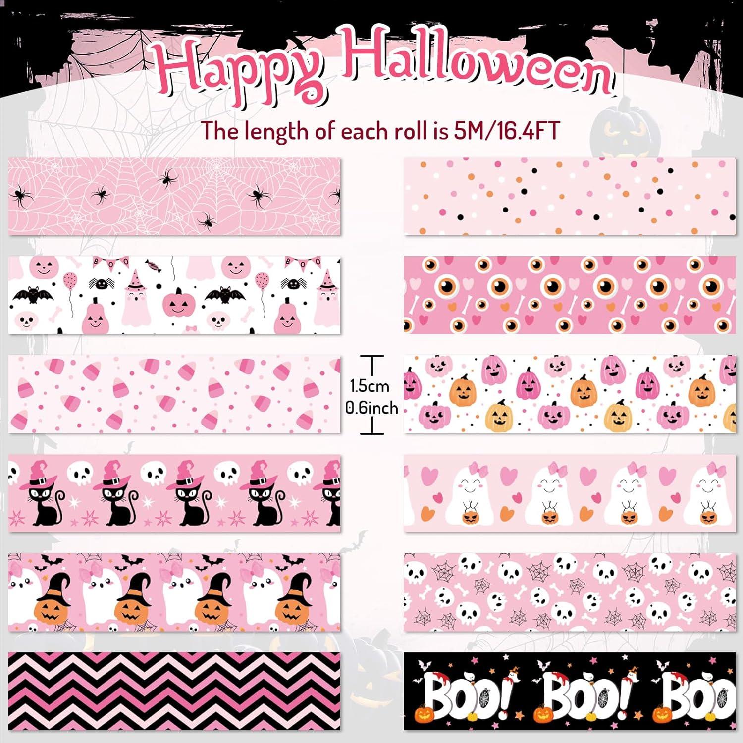 imageWhaline 12 Rolls Halloween Washi Tapes Black White Ghost Bat Spider Web Pumpkin Washi Masking Tape 15mm Wide Decorative Halloween Tape Stickers for Scrapbook Gift Wrapping DIY Art Crafts 164FtPink 2
