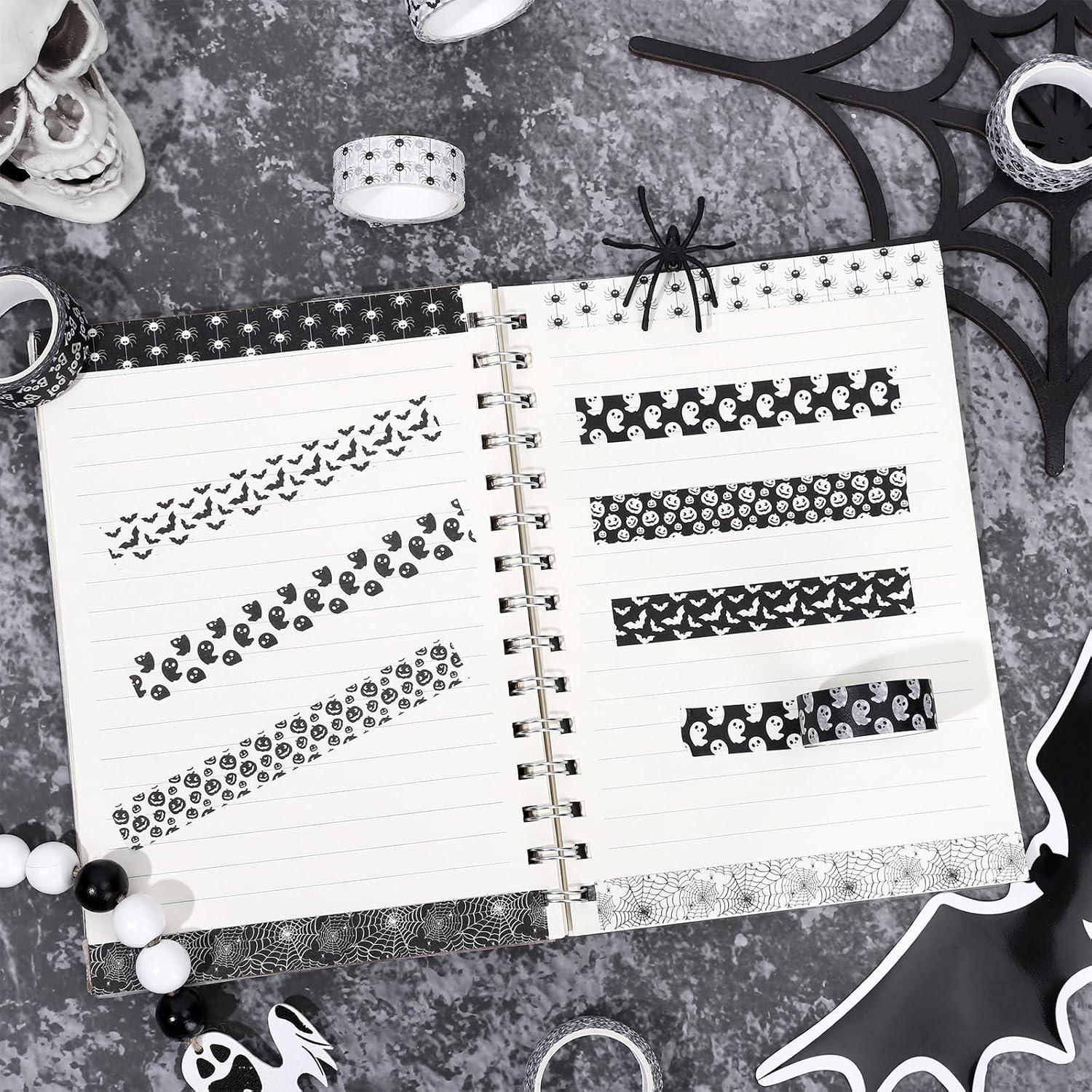 imageWhaline 12 Rolls Halloween Washi Tapes Black White Ghost Bat Spider Web Pumpkin Washi Masking Tape 15mm Wide Decorative Halloween Tape Stickers for Scrapbook Gift Wrapping DIY Art Crafts 164FtBlack