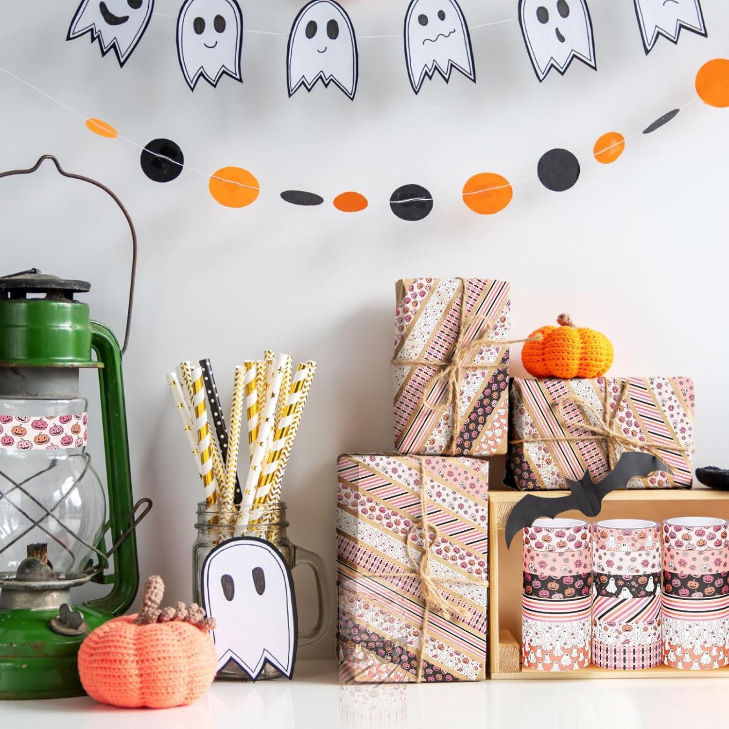 imageWhaline 12 Rolls Halloween Washi Tapes Black White Ghost Bat Spider Web Pumpkin Washi Masking Tape 15mm Wide Decorative Halloween Tape Stickers for Scrapbook Gift Wrapping DIY Art Crafts 164FtPink 1