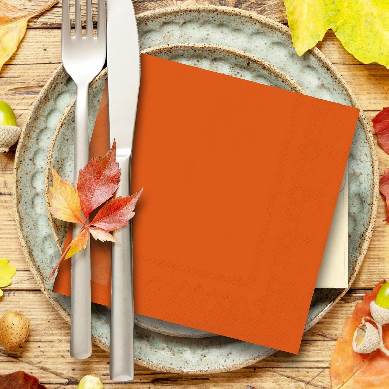 imageWhaline 120Pcs Fall Cocktail Napkins 6 Autumn Color Disposable Napkins Multicolor Paper Beverage Napkins for Fall Harvest Thanksgiving Party SuppliesBrown Orange