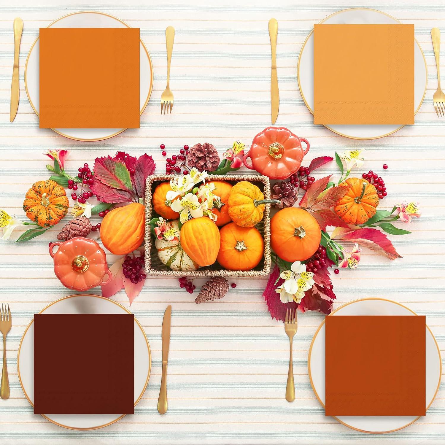 imageWhaline 120Pcs Fall Cocktail Napkins 6 Autumn Color Disposable Napkins Multicolor Paper Beverage Napkins for Fall Harvest Thanksgiving Party SuppliesBrown Orange