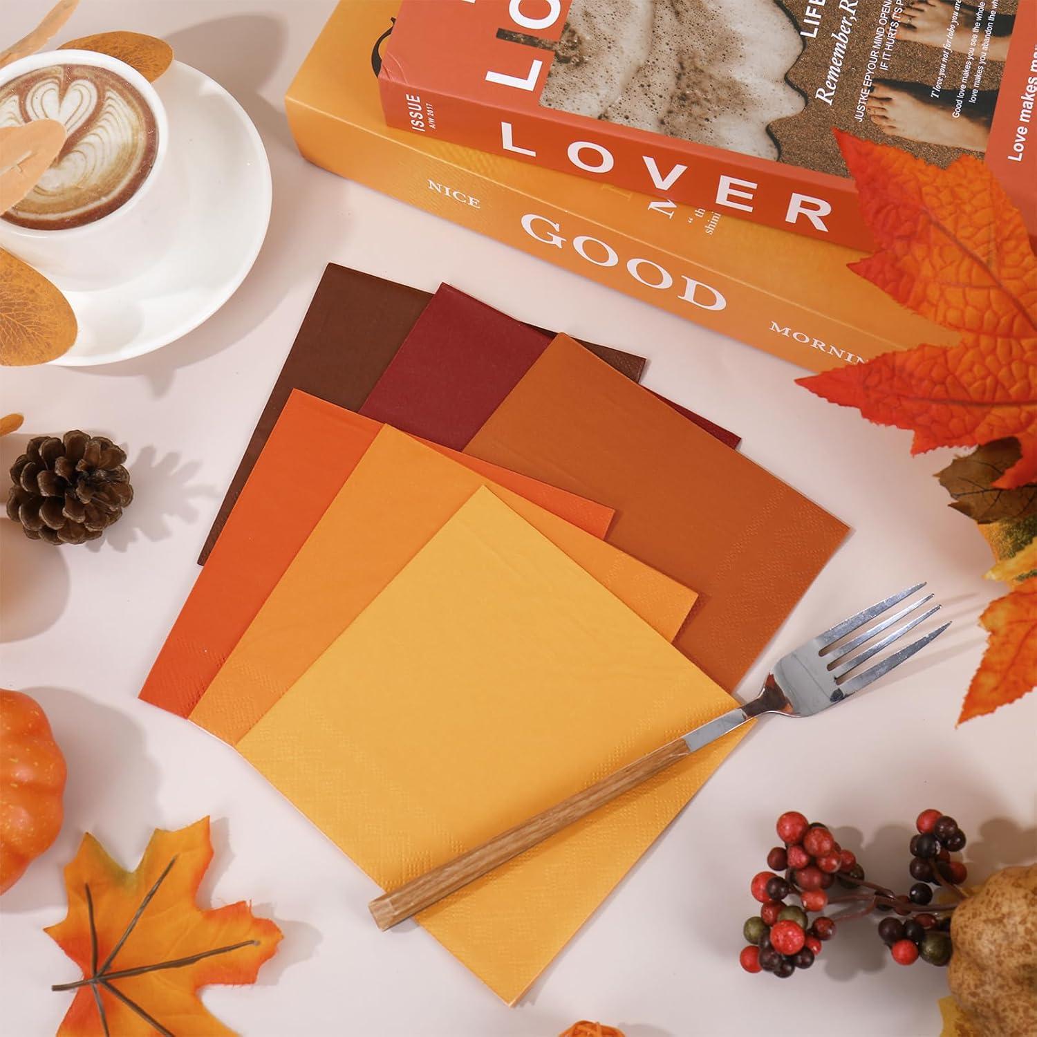 imageWhaline 120Pcs Fall Cocktail Napkins 6 Autumn Color Disposable Napkins Multicolor Paper Beverage Napkins for Fall Harvest Thanksgiving Party SuppliesBrown Orange