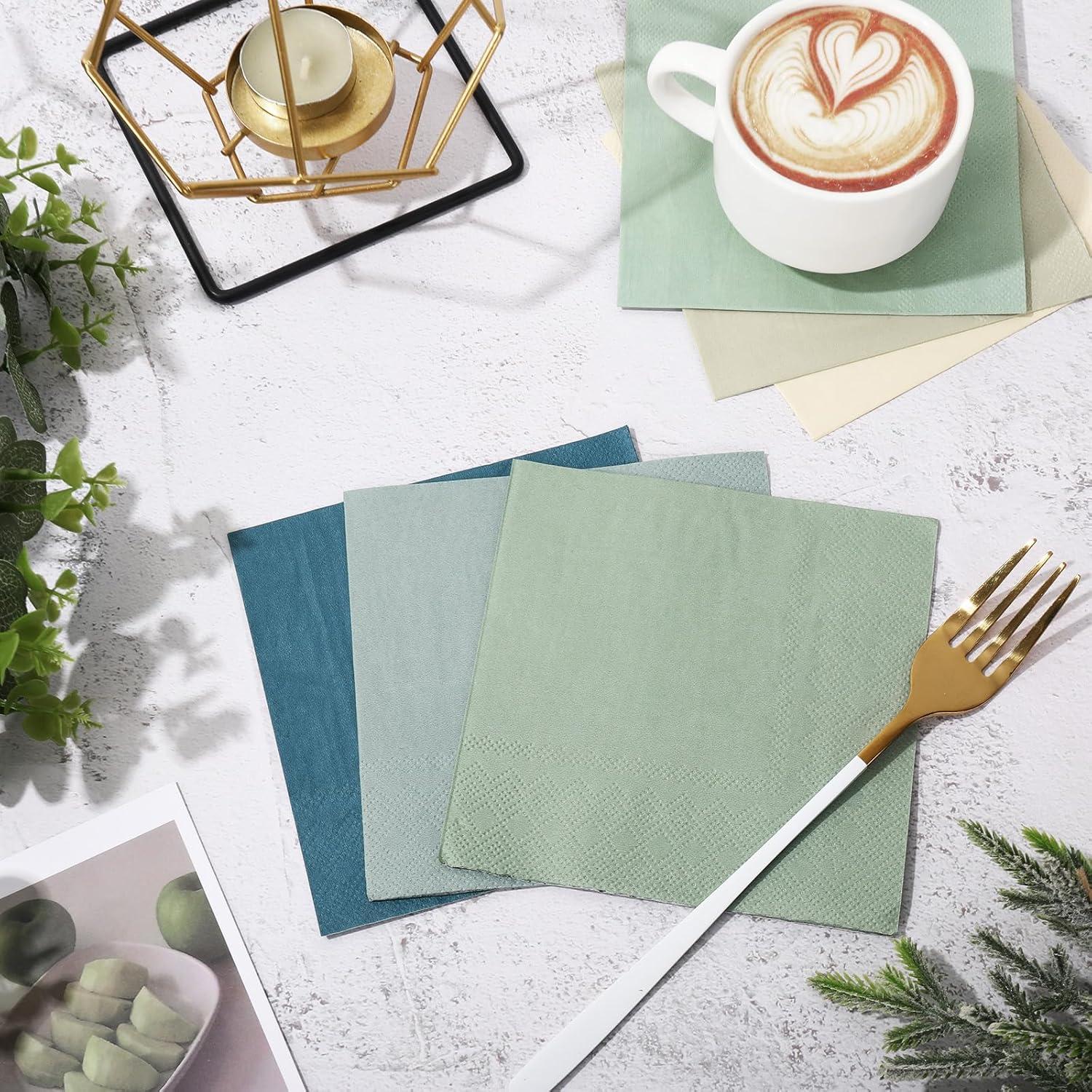 imageWhaline 120Pcs Fall Cocktail Napkins 6 Autumn Color Disposable Napkins Multicolor Paper Beverage Napkins for Fall Harvest Thanksgiving Party SuppliesBlue Green