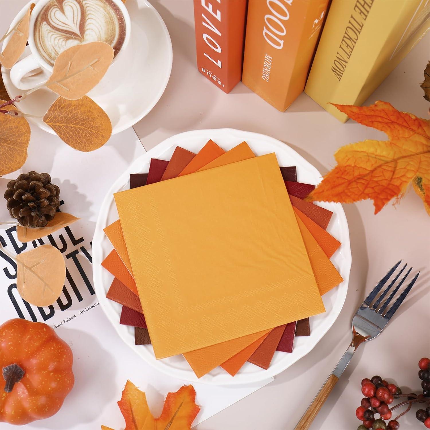 imageWhaline 120Pcs Fall Cocktail Napkins 6 Autumn Color Disposable Napkins Multicolor Paper Beverage Napkins for Fall Harvest Thanksgiving Party SuppliesBrown Orange