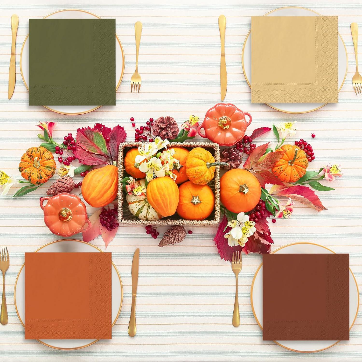 imageWhaline 120Pcs Fall Cocktail Napkins 6 Autumn Color Disposable Napkins Multicolor Paper Beverage Napkins for Fall Harvest Thanksgiving Party SuppliesFall Color