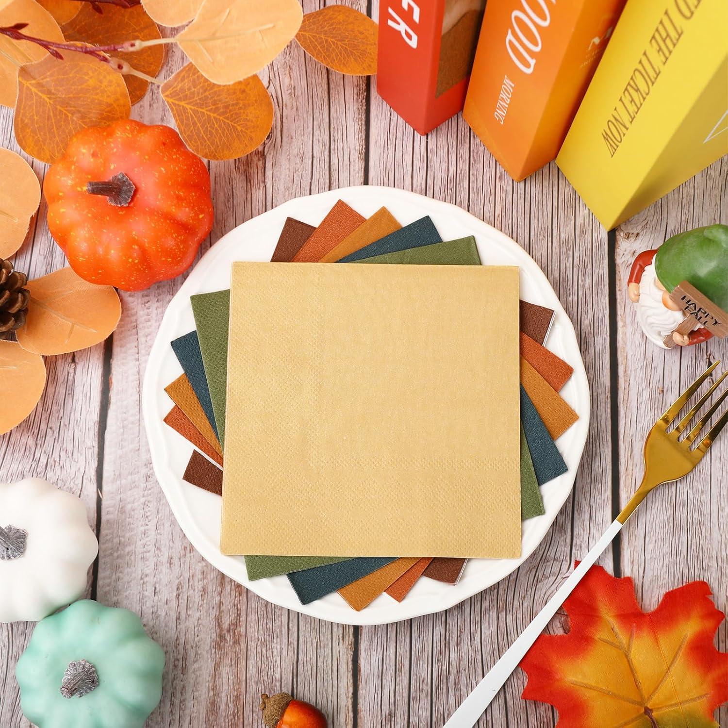 imageWhaline 120Pcs Fall Cocktail Napkins 6 Autumn Color Disposable Napkins Multicolor Paper Beverage Napkins for Fall Harvest Thanksgiving Party SuppliesFall Color